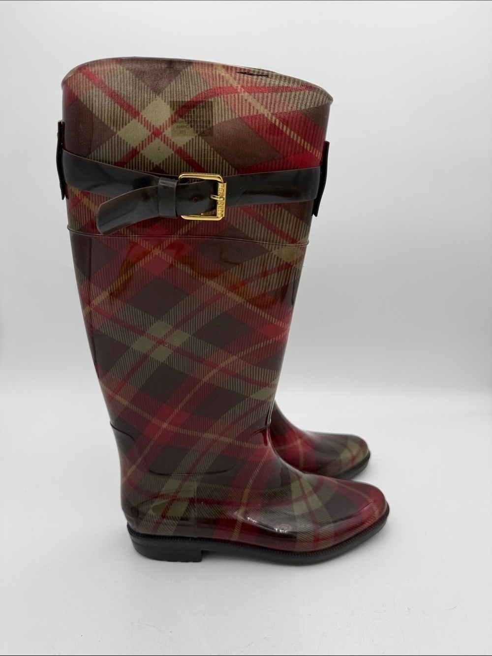 Lauren Ralph Lauren Red Plaid Tall Rain Boots women 6 Black Strap outdoor